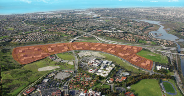 Aerial photography of UCI Research Park with a red overlay highlighting buildings that are part of the office campus near University of California Irvine in Irvine, CA