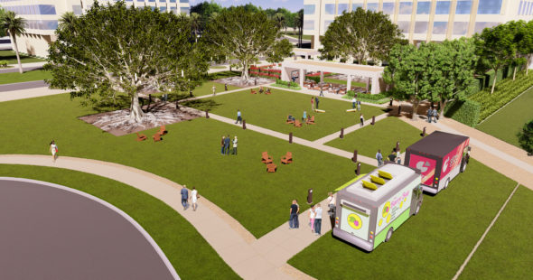 Rendering of The Commons reinvestment, a refreshed outdoor workspace and gathering area for Jamboree Center in Irvine, CA