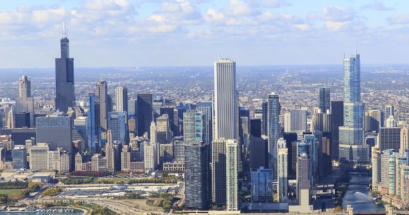 Aerial photography of the Chicago coastline and cityscape in Chicago, IL