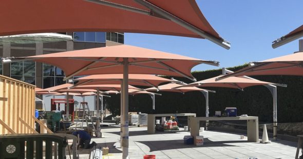 Construction photography of the new outdoor workplace and gathering area, The Commons, located at Fox Plaza in Los Angeles, CA