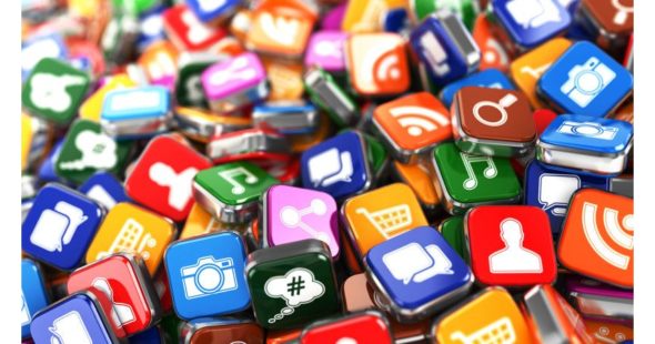 A colorful collection of technology and internet related icon buttons
