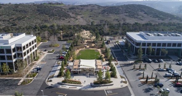 Aerial photography of The Commons, an outdoor workspace and gathering area at UCI Research Park in Irvine, CA