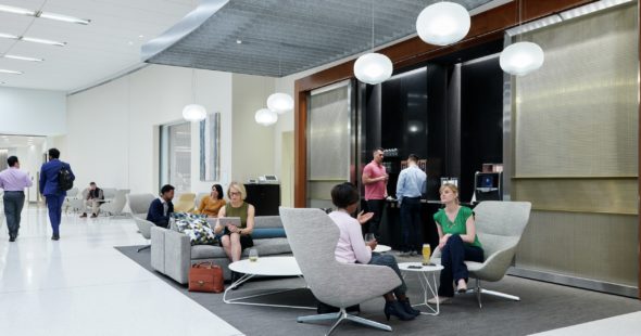 Self pour coffee bar and communal seating area offered at The Exchange in 71 South Wacker, Chicago, IL