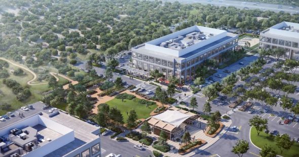 Aerial rendering of The Commons reinvestment at UCI Research Park in Irvine, CA