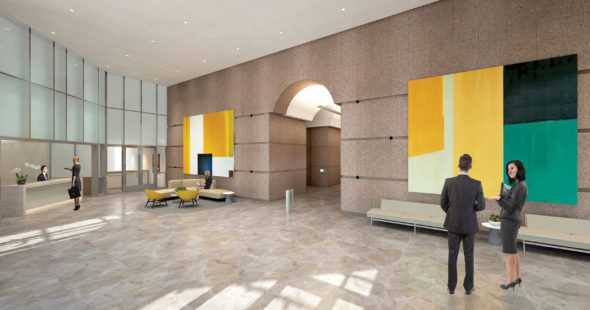 Rendering of the lobby at Fox Plaza in Los Angeles, CA
