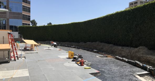 Construction photography of the new outdoor workplace and gathering area, The Commons, located at Fox Plaza in Los Angeles, CA