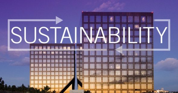 Sustainability graphic featuring Newport Gateway office buildings in Irvine, CA