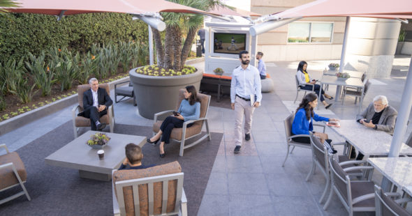 Photography of The Commons outdoor workspace located at Fox Plaza in Los Angeles, CA
