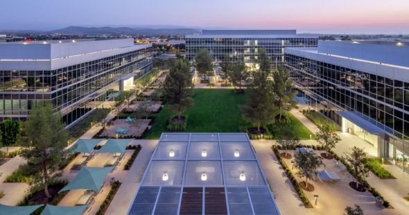 Aerial nighttime photography of The Quad office campus at Discovery Park in Irvine, CA