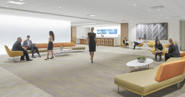Photography of people at The Commons, a communal workspace and gathering area in One North Wacker, Chicago, IL