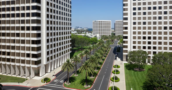 Aerial building photography of Jamboree Center in Irvine, CA